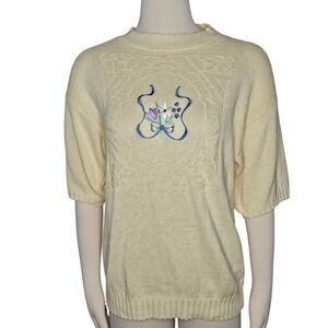 VTG College Point Yellow Cotton Embroidered Knit Sweater‎ Cottagecore Coquette M